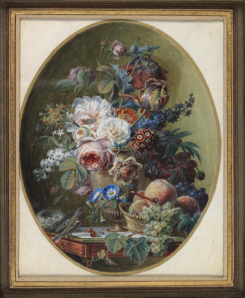 An image of Miniature painting. A vase of roses, tulip, peony, auricula, delphinium, poppy, convolvulus & other flowers on a table with inset marble top, and a basket of peaches & grapes, a birds nest and a bird eating one of two cherries. Spaendonck, Gerard van (Dutch, 1746-1822). Gouache on card, height, sight size, 120 mm, width, sight size, 95 mm. Acquisition: bequeathed 1973 by Henry Rogers Broughton Fairhaven.