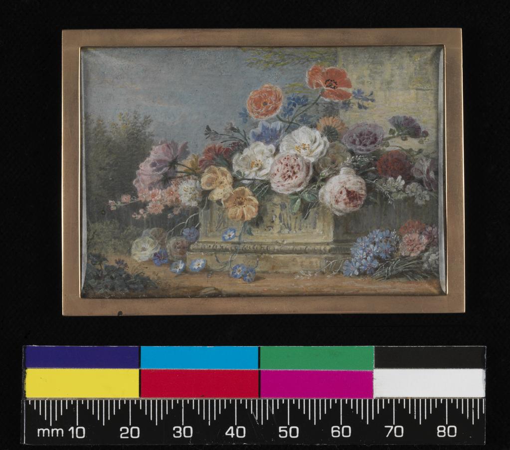 An image of Miniature painting. Red & white roses, poppies, convolvulus & other flowers, some in a sculptured oblong stone urn, with landscape background. Binet, Sophie (French, act.1779-1798). Watercolour, gouache on vellum, height, sight size, 47 mm, width, sight size, 69 mm. Acquisition: bequeathed 1973 by Henry Rogers Broughton Fairhaven.