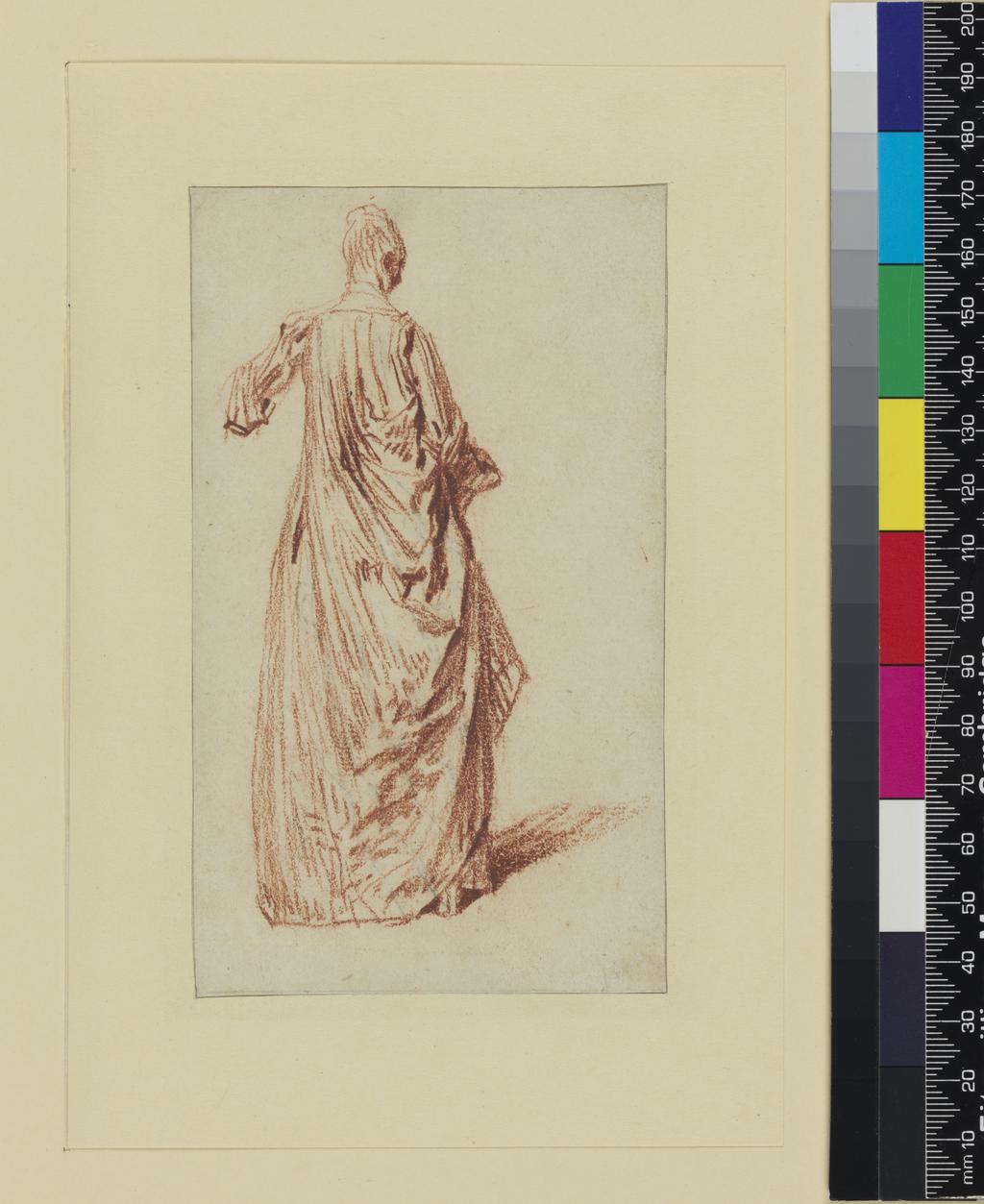 An image of A lady, seen from behind. Watteau, Jean Antoine (French, 1684-1721). Sanguine red chalk and traces of black chalk on paper, height 136 mm, width 80 mm.