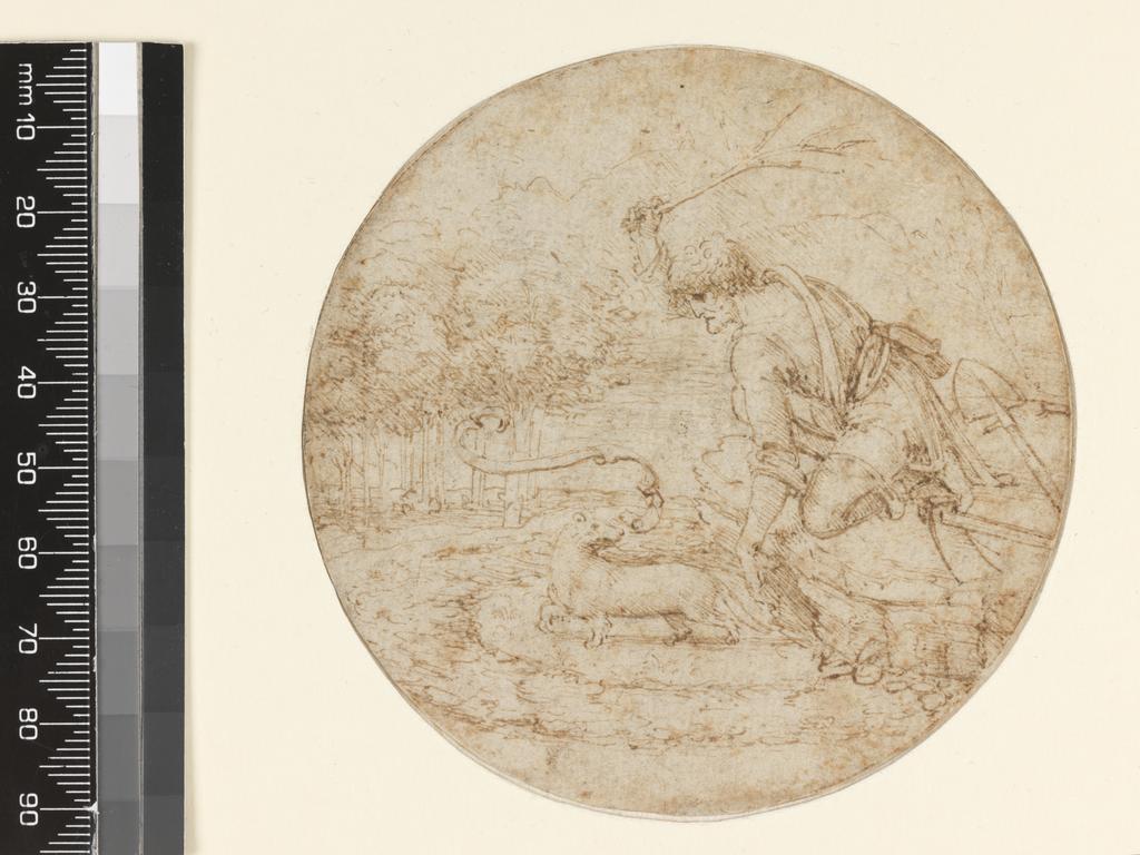 An image of The Ermine as a Symbol of Purity. Leonardo da Vinci (Italian, 1452-1519). Pen and brown ink over slight traces of black chalk, on paper, diameter 91 mm, circa 1494.