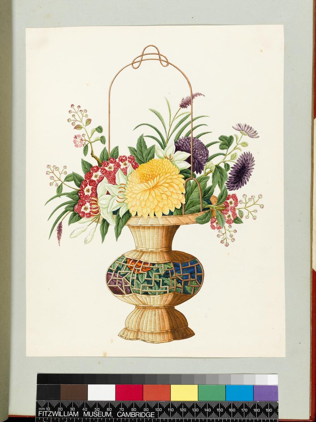 An image of Title/s: A stylized study of mixed flowers with leaves in a fretted Chinese style basket with handle 
Maker/s: Unknown (draughtsman) 
School/Style: Chinese 
Technique Description: watercolour, bodycolour and some white on white paper, tipped in on pale blue album page 
Dimensions: height: 272 mm, width: 213 mm 
Date: 1829
 

 
