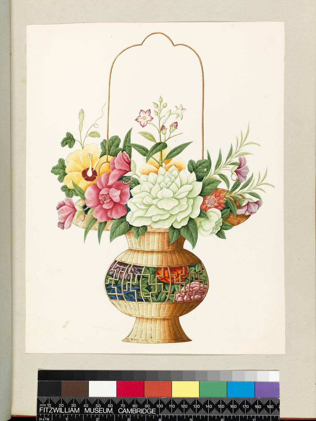 An image of Title/s: A stylized study of mixed flowers with leaves in a fretted Chinese style basket with shaped handle 
Maker/s: Unknown (draughtsman) 
School/Style: Chinese
Technique Description: watercolour, bodycolour and some white over traces of graphite on white paper, tipped in on light grey album page 
Dimensions: height: 272 mm, width: 213 mm
 

 
