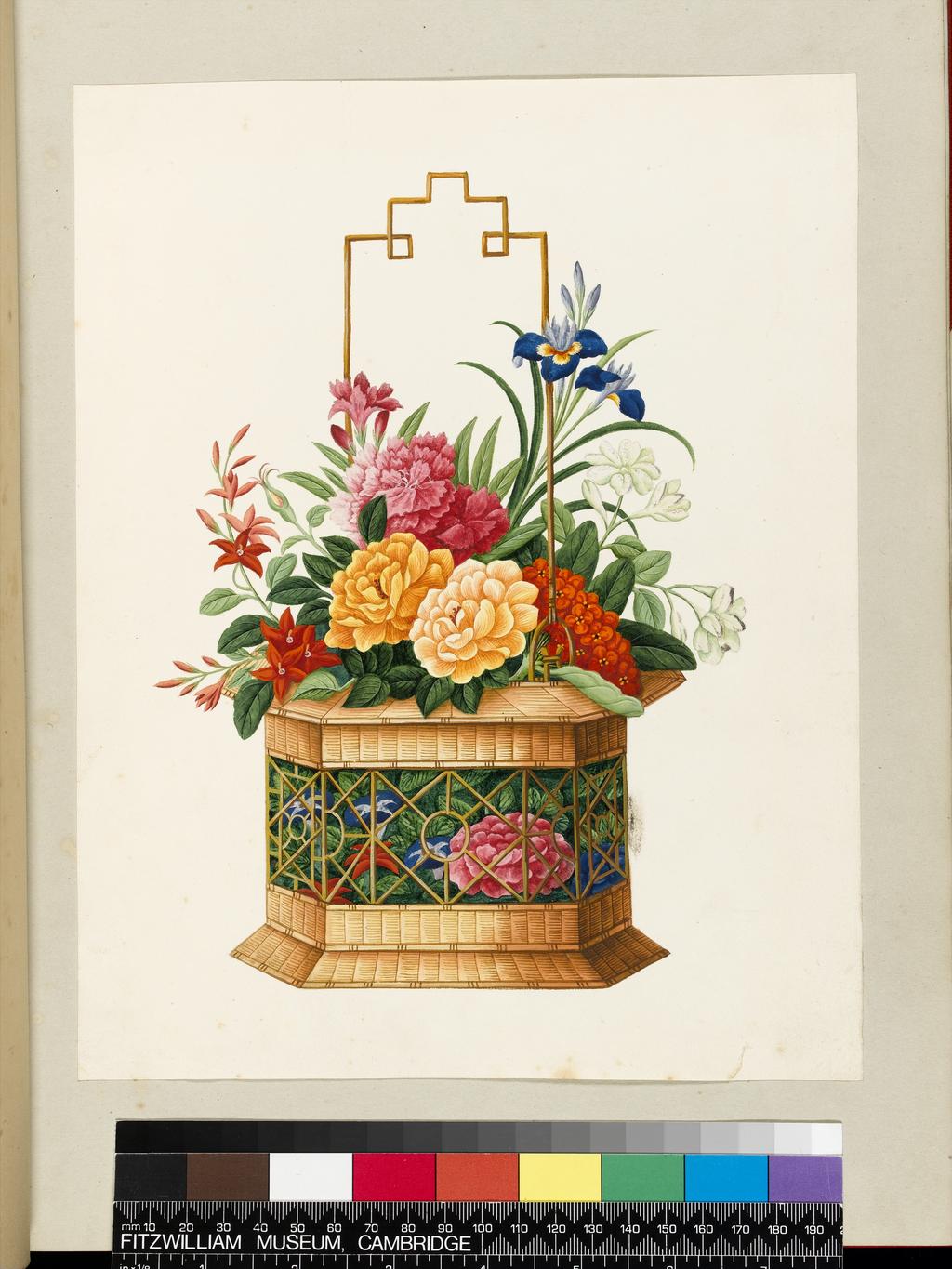 An image of Title/s: A stylized study of mixed flowers with leaves in a fretted  chinese style basket with handle 
Maker/s: Unknown (draughtsman) 
School/Style: Chinese
Technique Description: watercolour, bodycolour and some white over traces of graphite on white paper, tipped in on grey album page 
Dimensions: height: 272 mm, width: 213 mm

 

 
