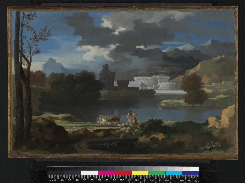 An image of Classical landscape. Bourdon, Sébastien (French, 1616-1671). Oil on copper, height 20.3 cm, width 31.8 cm.