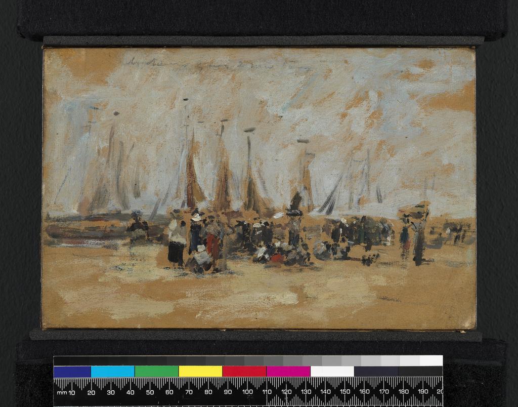 An image of Beach scene, possibly Harfleur. Boudin, Eugène Louis (French, 1824 – 1898). Oil on paper laid down on board, height 15 cm, width 22.3 cm, circa 1888-1895.