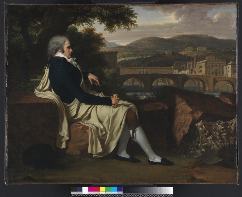 An image of Joseph Allen Smith Contemplating Florence Across the Arno. Fabre, Francois-Xavier (French, 1766-1837). Oil on canvas, height 70.9 cm, width 90.5 cm. Acquisition: In celebration of their 75th anniversary, with the aid of a special gift from the Directors of Hazlitt, Gooden & Fox and contributions from the National Art Collections Fund, the Cunliffe, Perceval and University Purchase Funds.