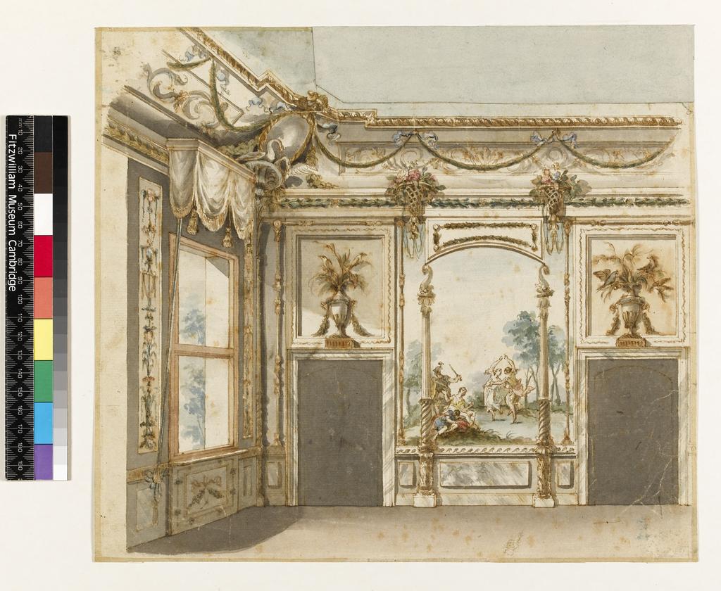 An image of Title/s: Design for the decoration of a room 
Maker/s: Unknown (draughtsman) 
School/Style: North Italian
Technique Description: pen and ink, and watercolour on paper 
Dimensions: height: 290 mm, width: 325 mm

 

 
