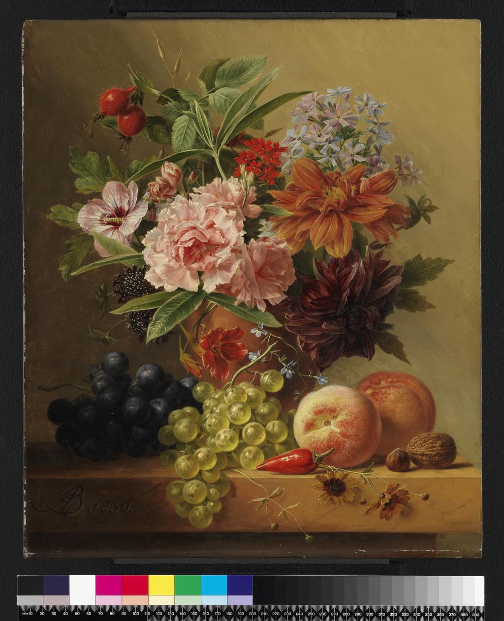 An image of Pot of flowers and fruit. Bloemers, Arnoldus (Dutch, 1792-1844). Oil on panel, height, 46.4, cm, approx, width, 40.7, cm, approx. Acquisition Credit: Bequeathed by Major the Hon H.R. Broughton, Lord Fairhaven.