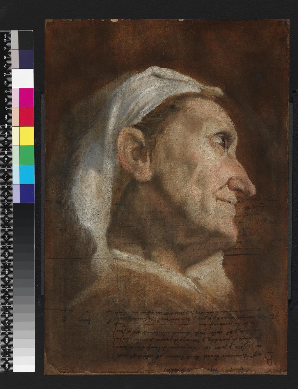 An image of Head of an old woman. Carracci, Annibale (Italian, 1560-1609). Oil on paper laid down on panel, height 42.0 cm, width 29.0 cm, c.1590. Bolognese School.