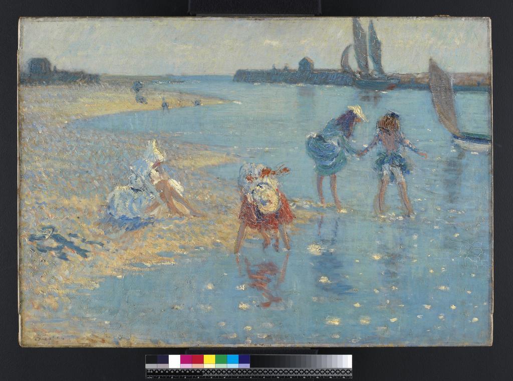 An image of Children Paddling, Walberswick. Steer, Philip Wilson (British, 1860-1942). Oil on canvas. Height 64.3 cm, width 92.6 cm. 1894.