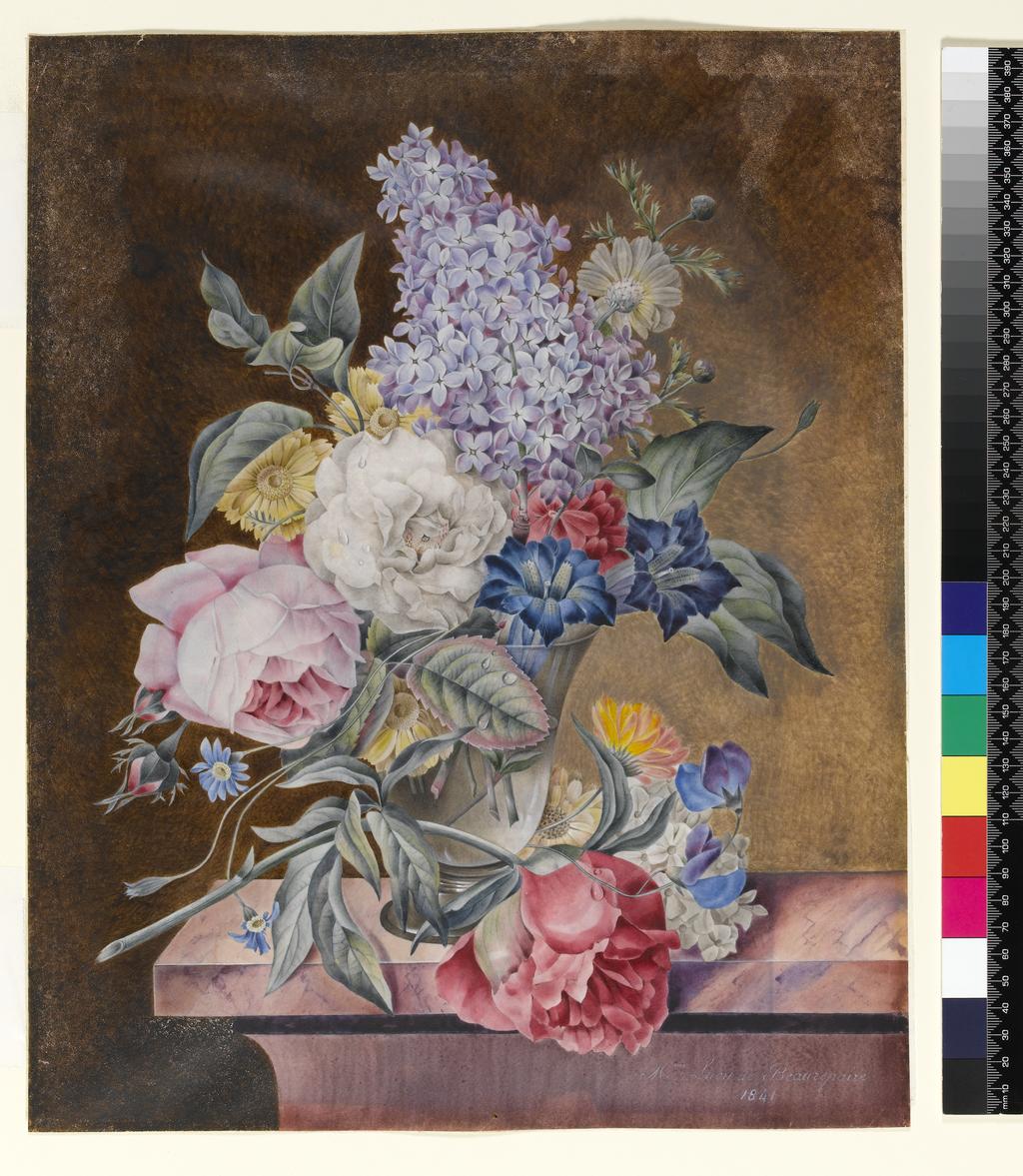 An image of Beaurepaire, Lucy de. Vase of flowers including a rose and lilac on a marble ledge. Watercolour and bodycolour on vellum, laid on foil backing. 1841.