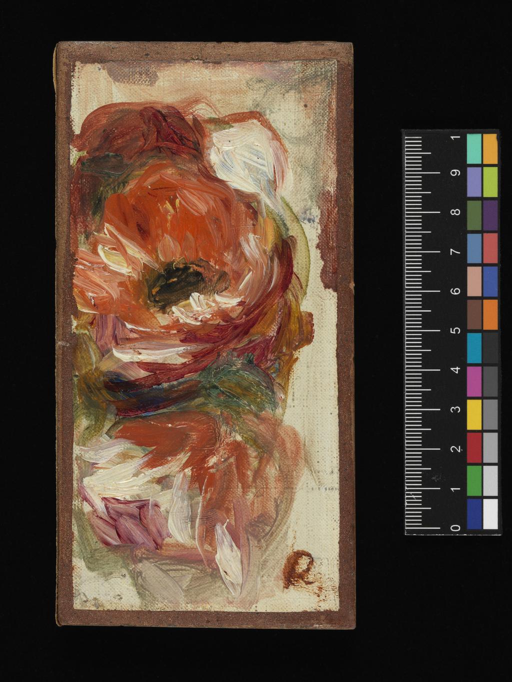 An image of Study of Flowers. Renoir, Pierre Auguste (French, 1841-1919). Oil on canvas laid down and inset into panel, height 66 mm, width 137 mm.