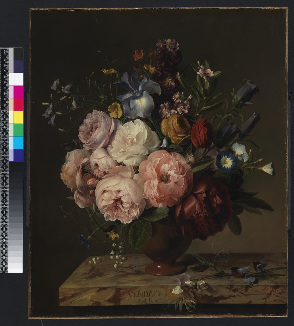 An image of A vase of flowers on a ledge. Dael, Jan Frans van (Flemish, 1764-1840). Oil on canvas, height, 55.3 cm, approx, width 46.4 cm, approx, 1817.