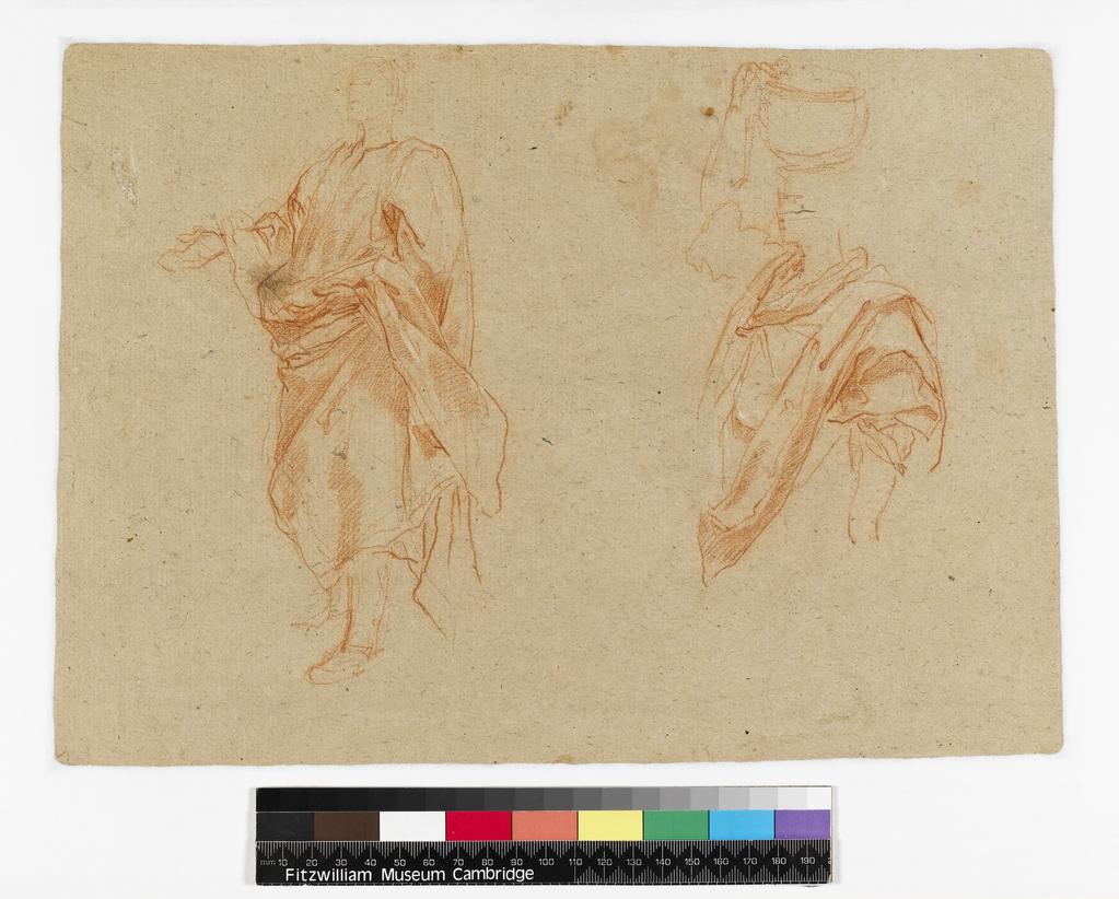 An image of Title/s: A sheet of studies (recto title) Maker/s: Sacchi, Andrea (draughtsman) [ULAN info: 1599?-1661]Technique Description: red chalk with highlights in white chalk on buff paper Dimensions: height: 252 mm, width: 346 mm
