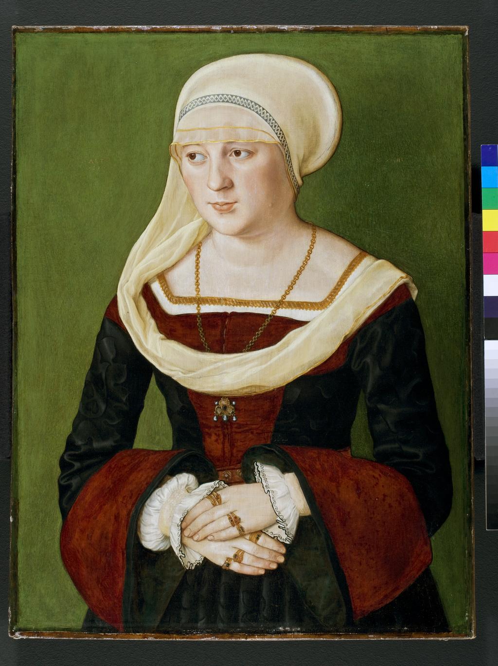 An image of Portrait of Anna Scheit, nee Mem(m)inger. Beham, Barthel (German, 1502-1540). Oil on panel, height, panel, 644 mm, width, panel, 483 mm, 1528.