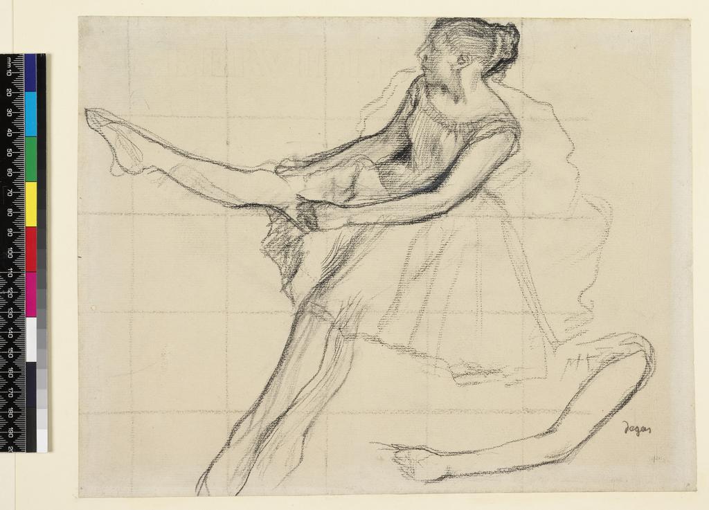 An image of Danseuse rajustant son maillot (Young Female Dancer Adjusting her Tights). Degas, Edgar (French, 1834-1917). Black chalk, graphite, on paper, squared for transfer with charcoal and touched with white, height 242 mm, width 313 mm, 1880.