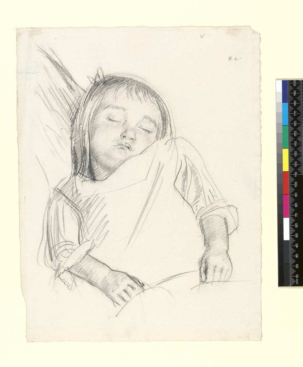 An image of Sleeping Child. Lamb, Henry. Black pencil (Conté crayon?) on white paper, height 309 mm, width 237 mm.