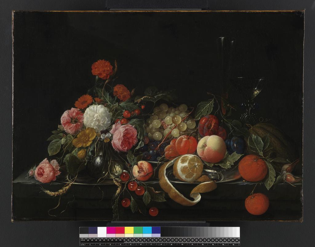An image of Flowers and still-life. Heem, Cornelis de (Dutch, 1631-1695). Oil on canvas, height 53.3 cm, approx, width 73.8 cm, approx.