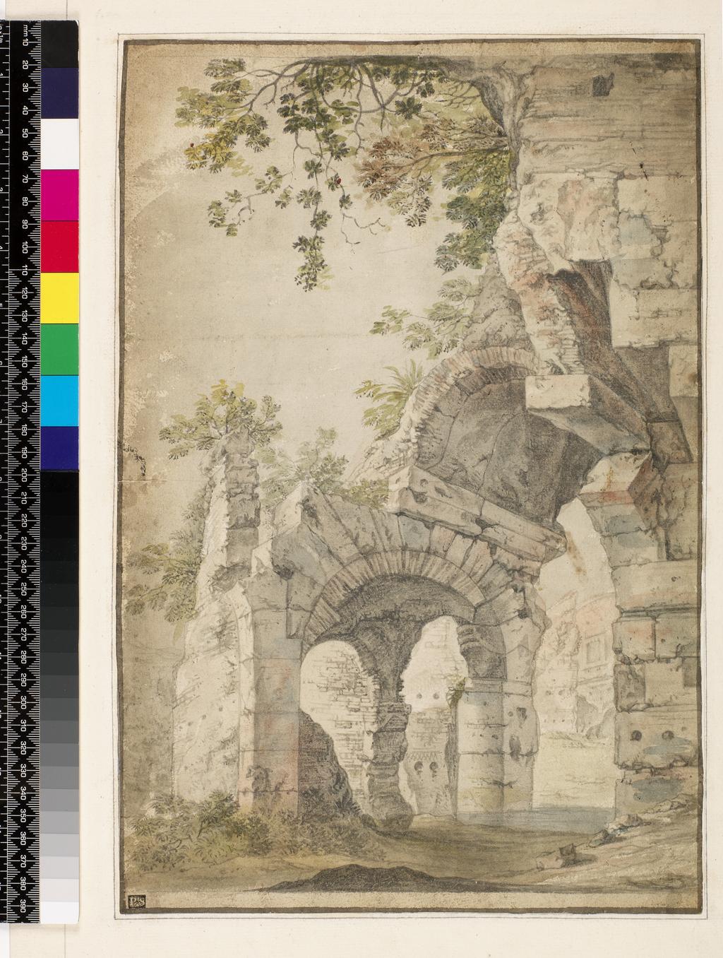 An image of Recto: The Ruins of the Colosseum. Verso: Study of trees. Worst, Jan, attributed to (Dutch, op.c.1645-1655). Recto: Black chalk and watercolour on paper. Verso: pen and brown ink. Height 385 mm, width 258 mm, early 17th century.