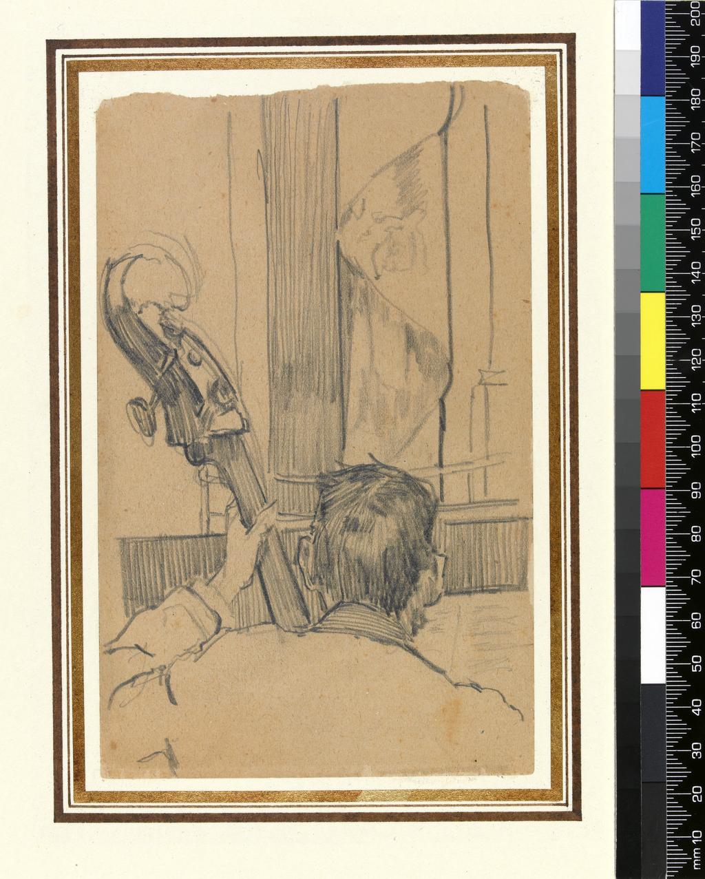 An image of Study of a Man Holding a Double Bass. Sickert, Walter Richard. Graphite on paper (discoloured), height 150 mm, width 100 mm.