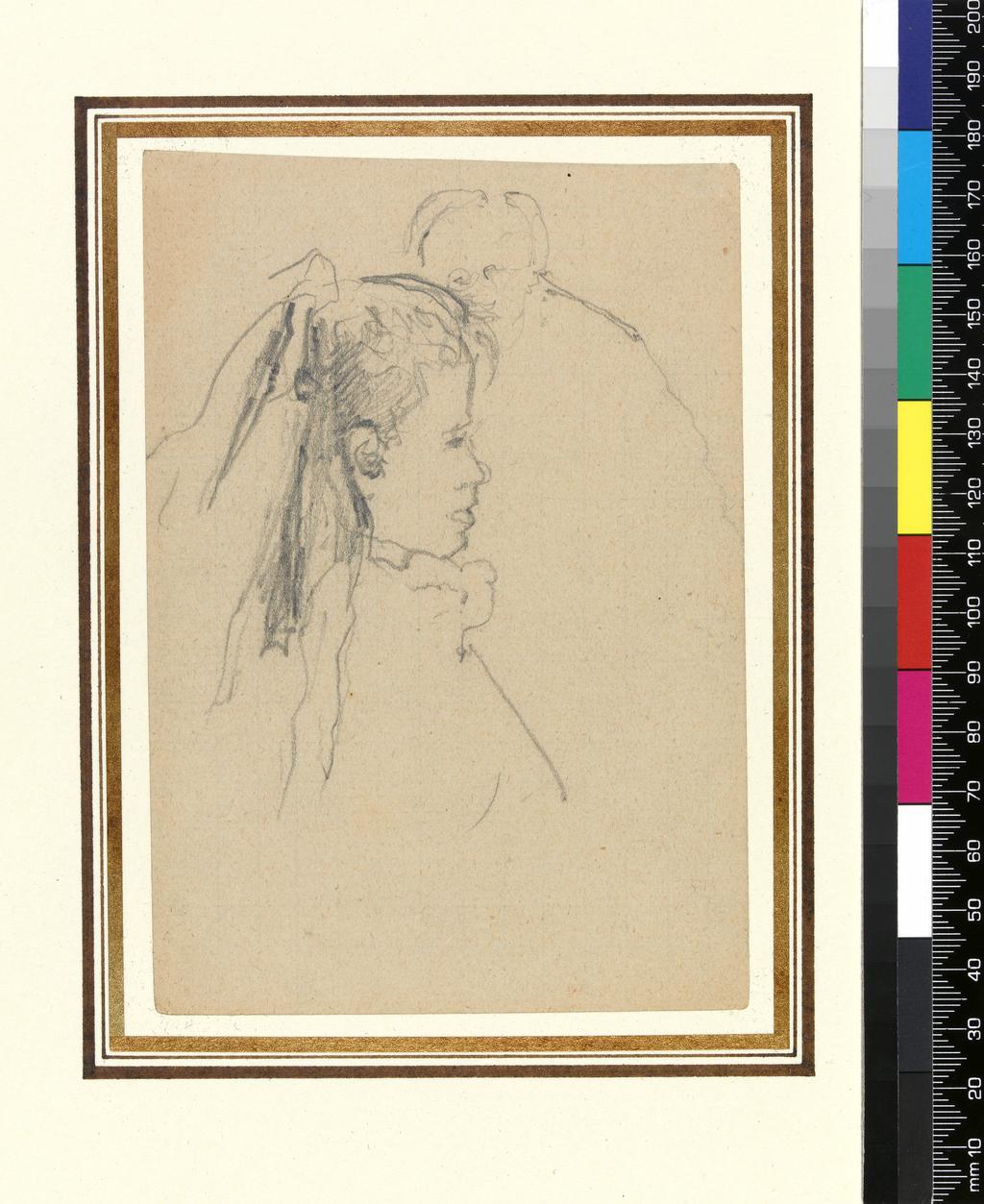 An image of Head and Bust of a Girl in Profile to Right, Head of a Man, Full Front, Behind. Sickert, Walter Richard. Graphite (on squared paper), height 145mm, width 100mm, before 1943.
