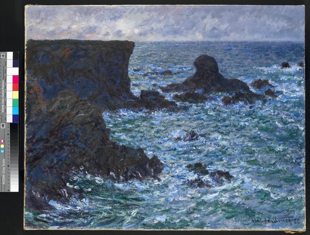 An image of Rocks at Port-Coton, the Lion Rock, Belle Ile. Monet, Claude (French, 1840-1926). Oil on canvas, height 65.4 cm, width 81.2 cm, 1886.