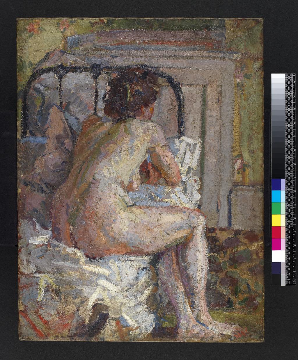 An image of Nude on a Bed. Gilman, Harold (British, 1876-1919). Oil on canvas, height 61.4 cm, width 46.7 cm, circa 1914.