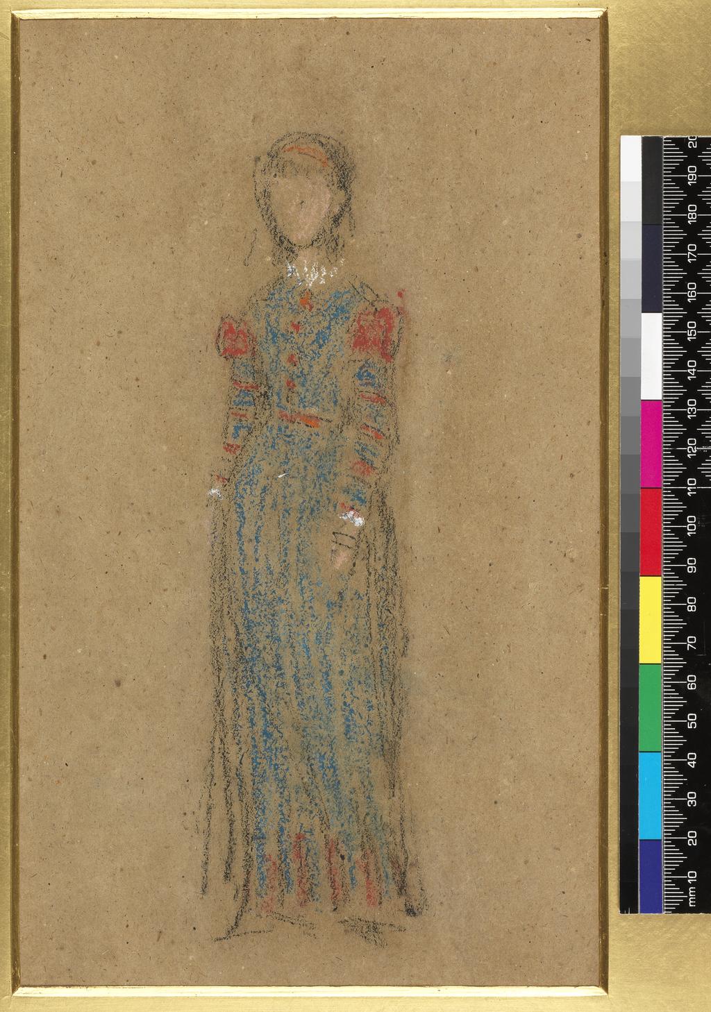 An image of A girl in a long blue and red dress. Whistler, James Abbott McNeill (American, 1834-1903). Pastel on buff paper, height 250 mm, width 146 mm, 1873-1876.