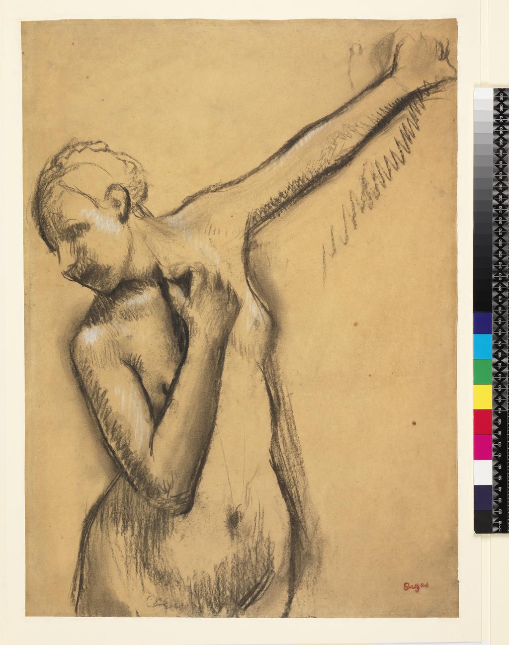 An image of Half-length nude girl, left arm uplifted. Degas, Edgar (French, 1834-1917). Charcoal heightened with white on tracing paper, height 539 mm, width 388 mm.