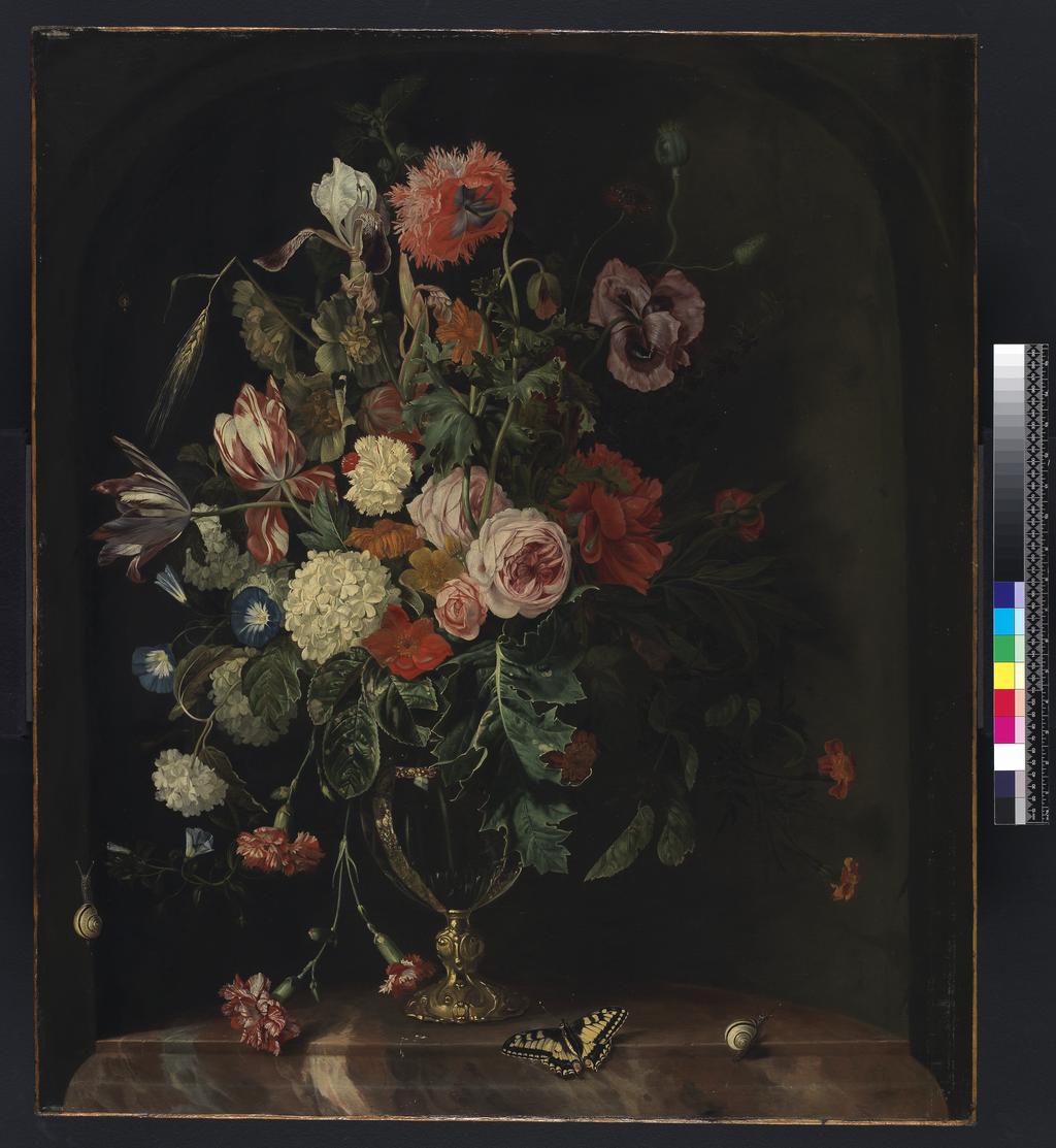 An image of Vase of flowers. Fromantiou, Hendrik de (Dutch, 1633/4-1694/1700). Oil on canvas, height 91.2 cm, width 79.0 cm.