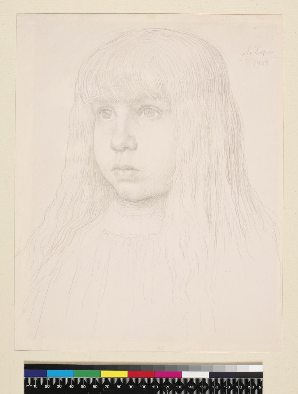 An image of Legros, Alphonse (French, 1837-1911). Portrait of a Young Girl. Goldpoint on pink prepared paper, height 283 mm, width 225 mm, 1903.