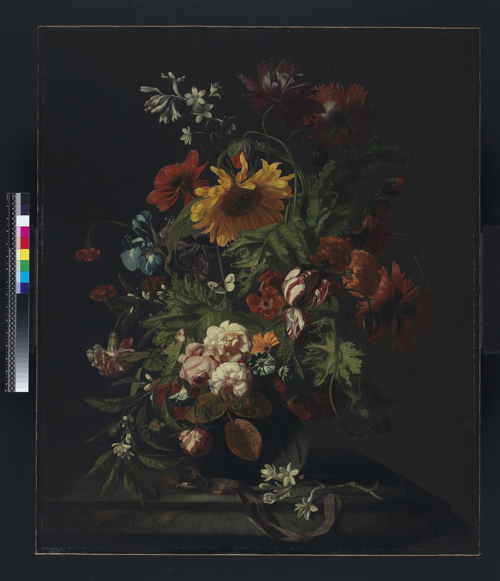 An image of Vase of Flowers. Verelst, Simon Pietersz. (Dutch, 1644-1710(?)/21). Oil on canvas, 106.6 cm, width 88.8 cm (approx). Acquisition: given 1966; Fairhaven, Henry Rogers Broughton.