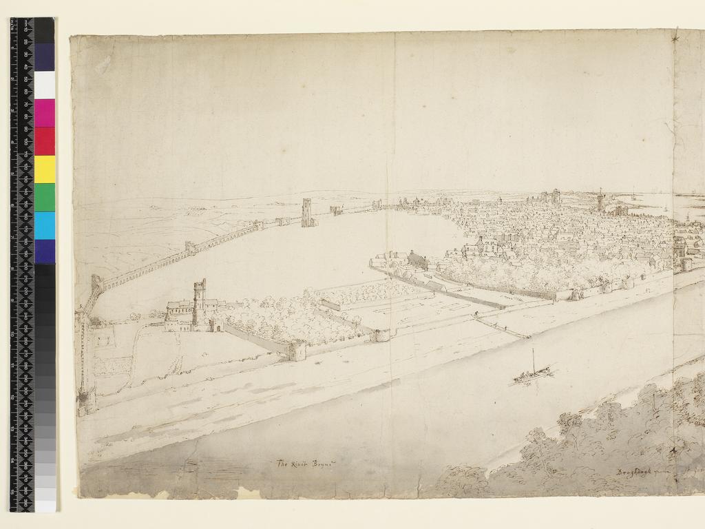 An image of View of Drogheda. Place, Francis (British, 1647-1728). Pen, sepia ink and grey wash, on two sheets of paper, joined at the centre, height 368 mm, width 914 mm, 1698.