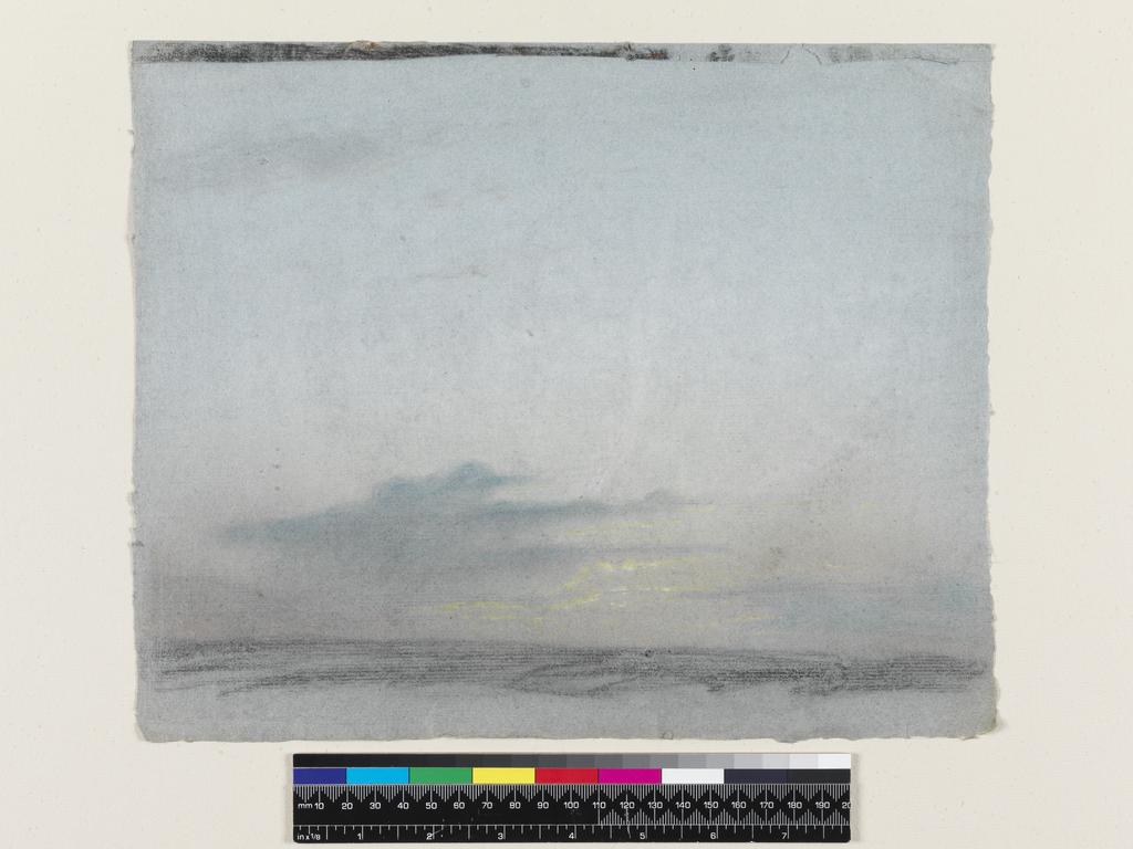 An image of Cloud formations at sunset. Kerrich, Thomas (British, 1748-1828). Black and coloured chalks on blue paper, height 253 mm, width 307 mm.