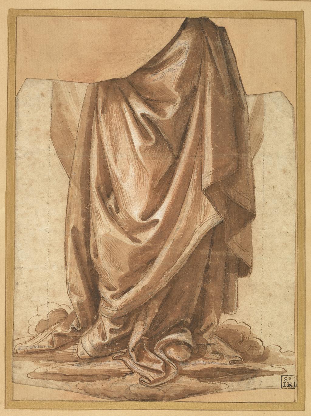 An image of Drapery study. Raffaellino del Garbo (Italian, 1466-1524). Black chalk, pen and brown ink, brown and pink wash, heightened with white (partly oxidized), indented with the stylus and pricked for transfer. Height 247 mm, width 177 mm. Florentine School.
