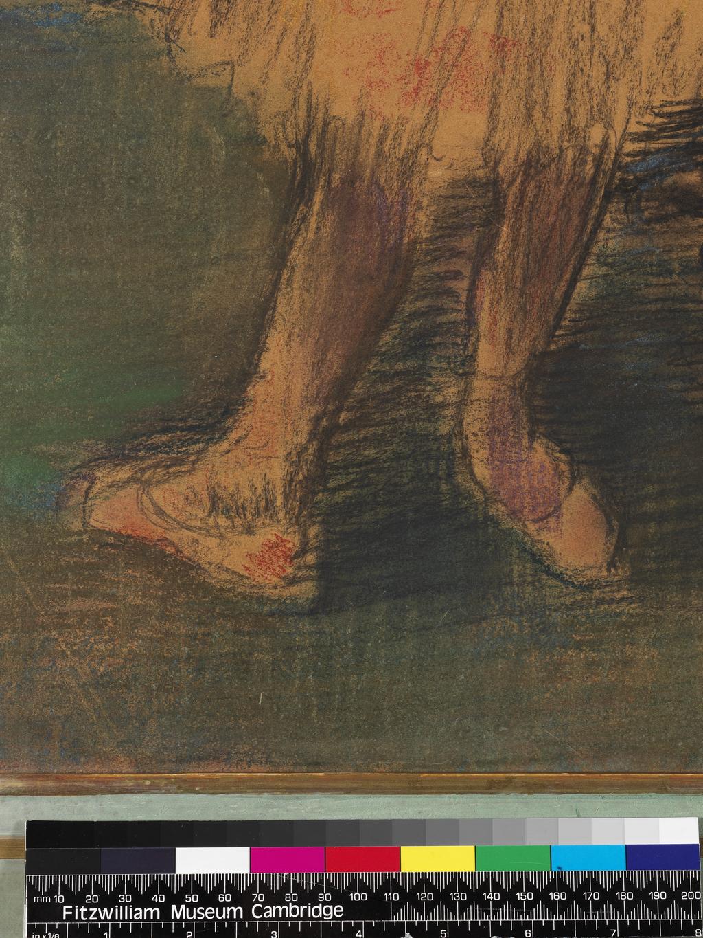 An image of Dancers in the Wing. Degas, Edgar (French, 1834-1917). Black chalk and pastel, height 600mm, width 443mm, ca 1900.