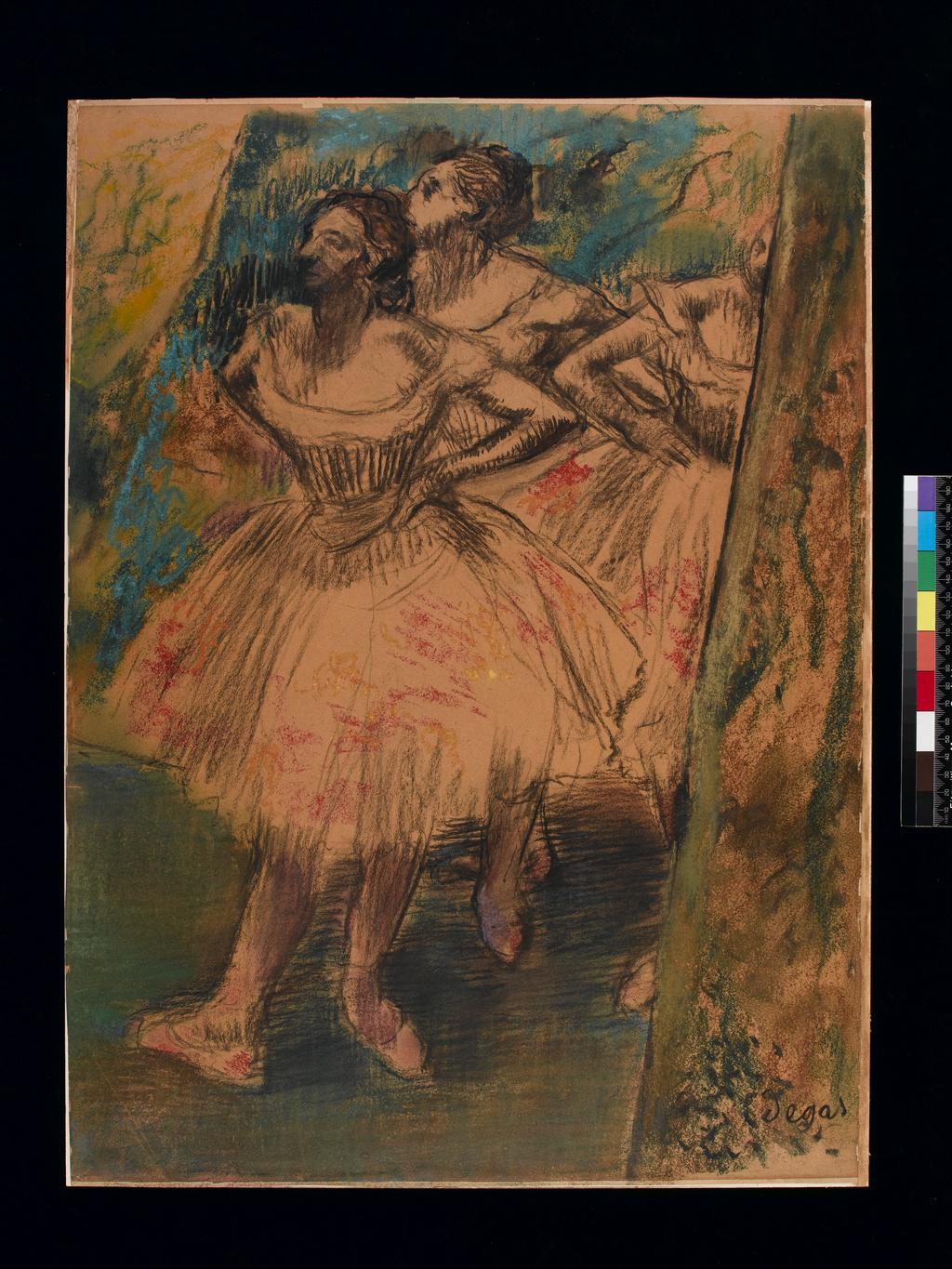 An image of Dancers in the Wing. Degas, Edgar (French, 1834-1917). Black chalk and pastel, height 600mm, width 443mm, ca 1900.