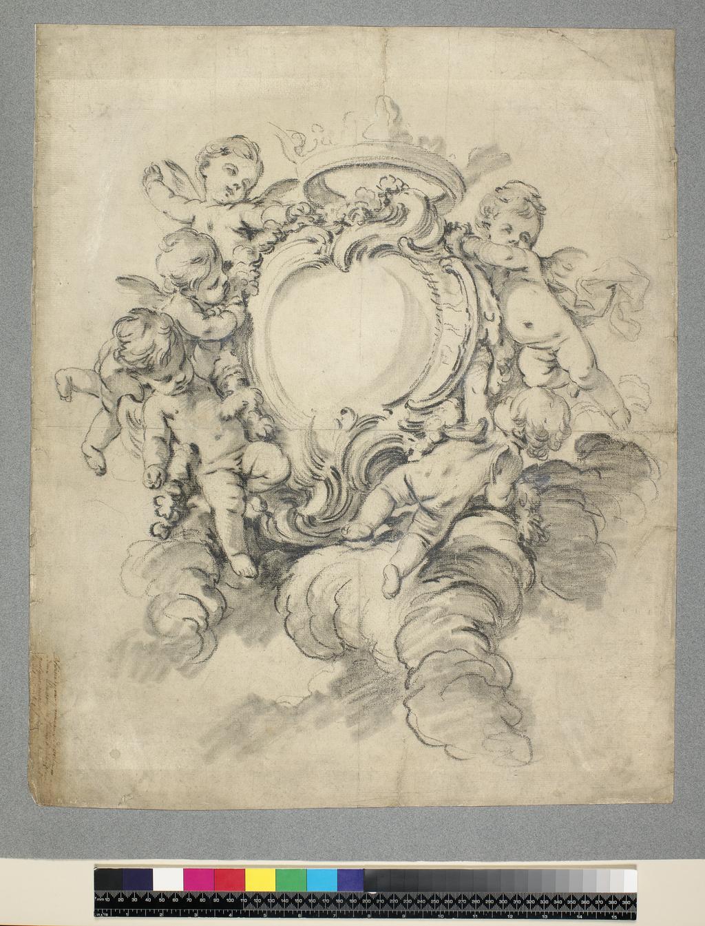 An image of Putti in clouds, around a cartouche. Boucher, François (French, 1703-1770). Black chalk and grey wash on paper, height 571 mm, width 470 mm.