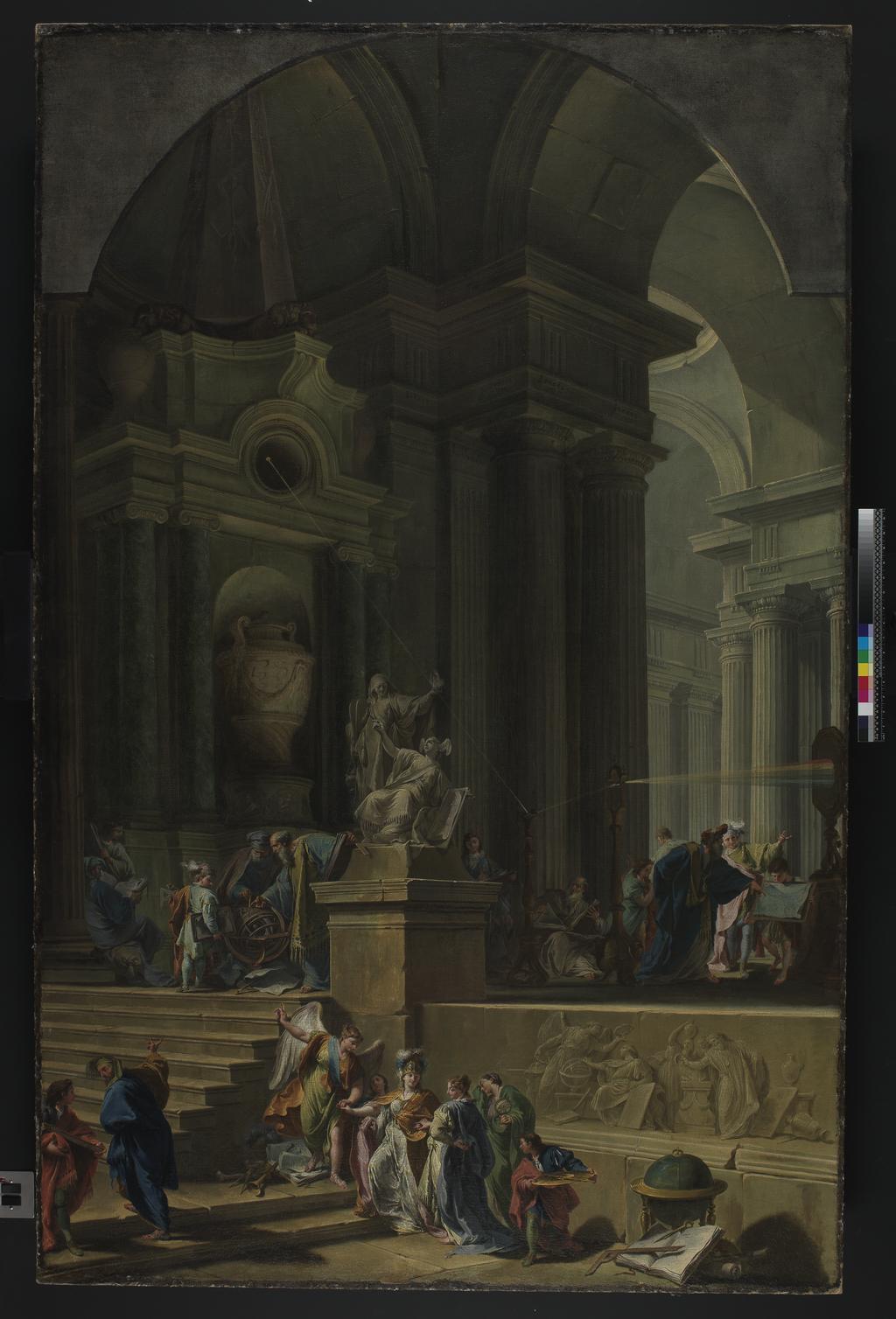 An image of An allegorical monument to Sir Isaac Newton. Pittoni, Giovanni Battista, the younger (1687-1767), Valeriani, Domenico (Italian, op.1700-m.a.1771), Valeriani, Giuseppe (Italian, op.1742-m.1761). Oil on canvas, height (painted area) 220 cm, width (painted area) 139 cm, 1727 to 1729.