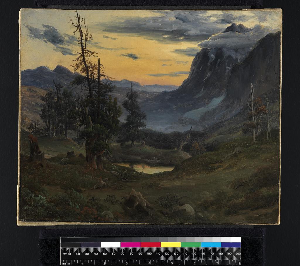 An image of Sunrise in the Wengernalp. Fearnley, Thomas (Norwegian, 1802-1842). Oil on paper, laid on canvas. Height 24.5 cm, width 30 cm, circa 1835. 