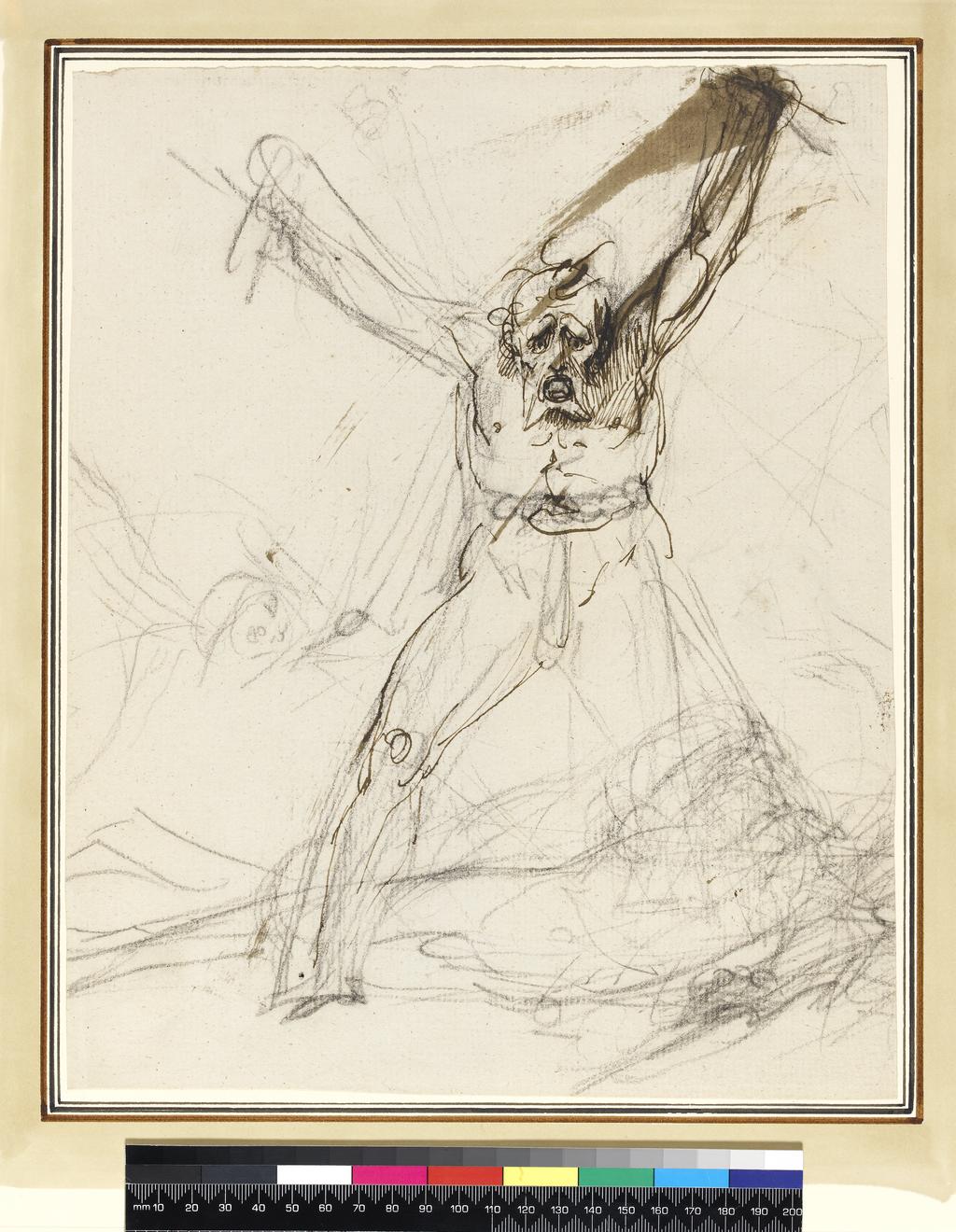 An image of Ugolino in Chains (recto title); A Screaming Face (verso title). Locke, William II (British, 1767-1847). Recto: graphite, black chalk, pen and brown ink verso: pen and brown ink on paper, height 310 mm, width 250 mm.