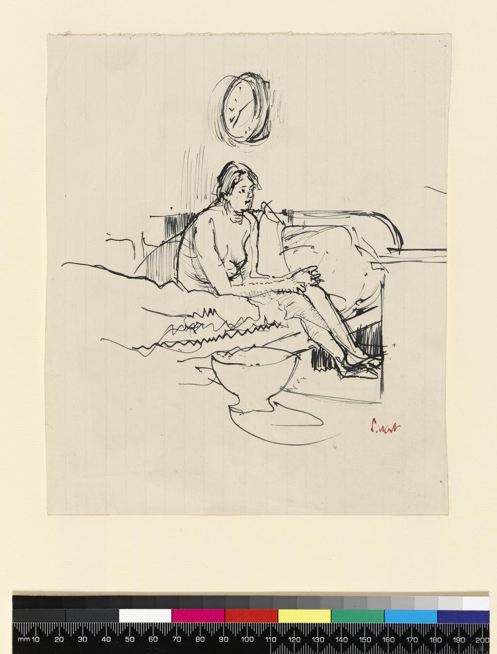 An image of Girl Seated on a Bed. Sickert, Walter Richard. Pen and blue ink on paper, height 204 mm, width 171 mm.