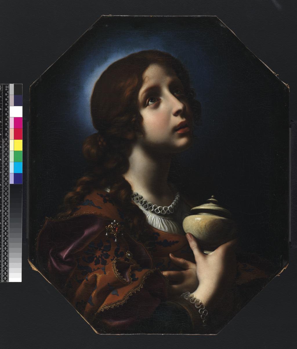 An image of The penitent Magdalene. Dolci, Carlo (Italian, 1616-1686). Oil on canvas. height, 64.4 cm, width, 52.7 cm, circa 1650- circa 1651.
