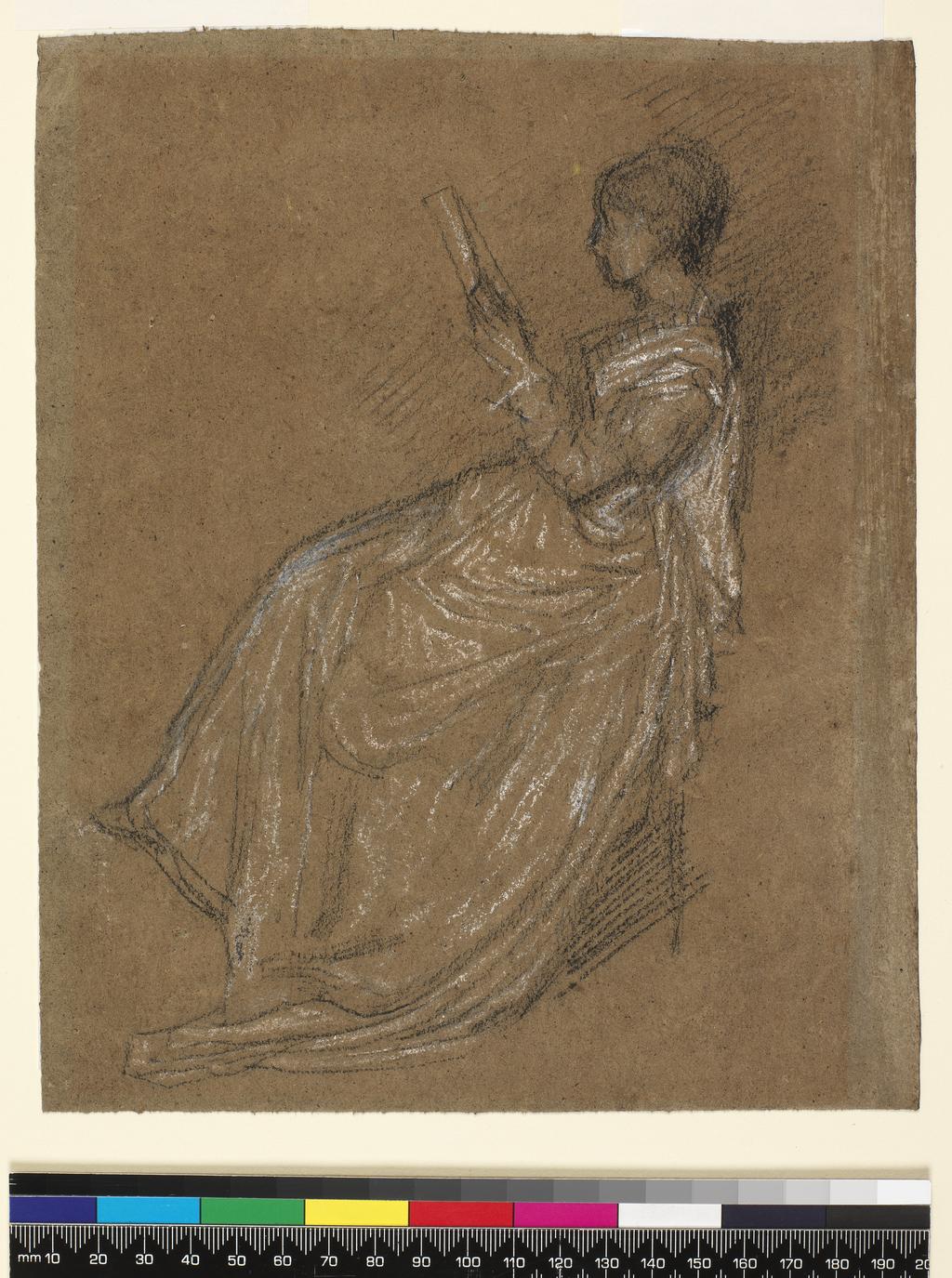 An image of Seated Lady, reading; facing left Figure Reading. Whistler, James McNeill (American, 1834-1903). Charcoal and black chalk on brown paper, height 235 mm, width 191 mm, 1871-1873.