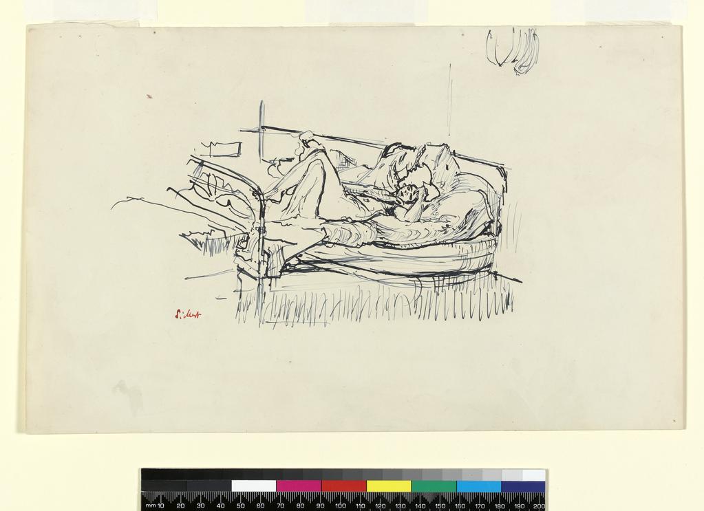 An image of Nude Lying on a Bed. Sickert, Walter Richard. Pen and blue ink on paper, height 204 mm, width 330 mm.