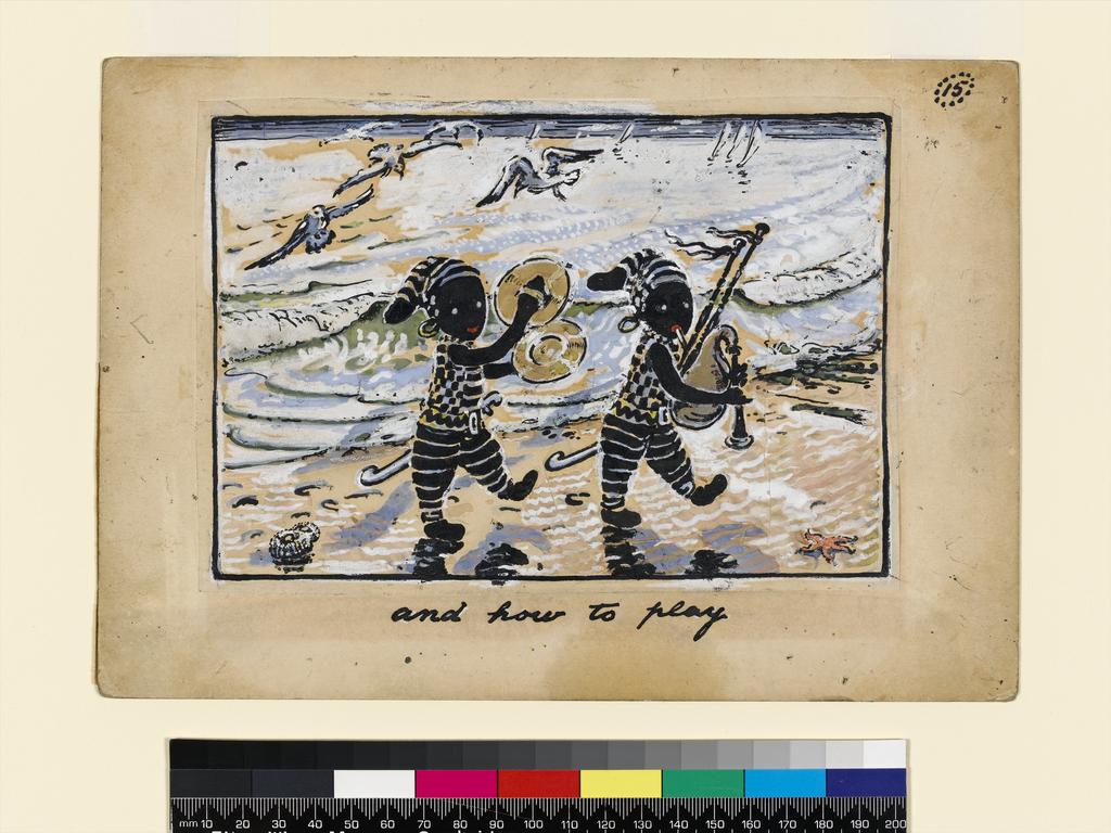 An image of 'And How to Play'; and illustration for 'The Pirate Twins'. Nicholson, William. Pen, black ink, watercolour and bodycolour on paper, laid down on card, height 138 mm, width 193 mm, 1929.