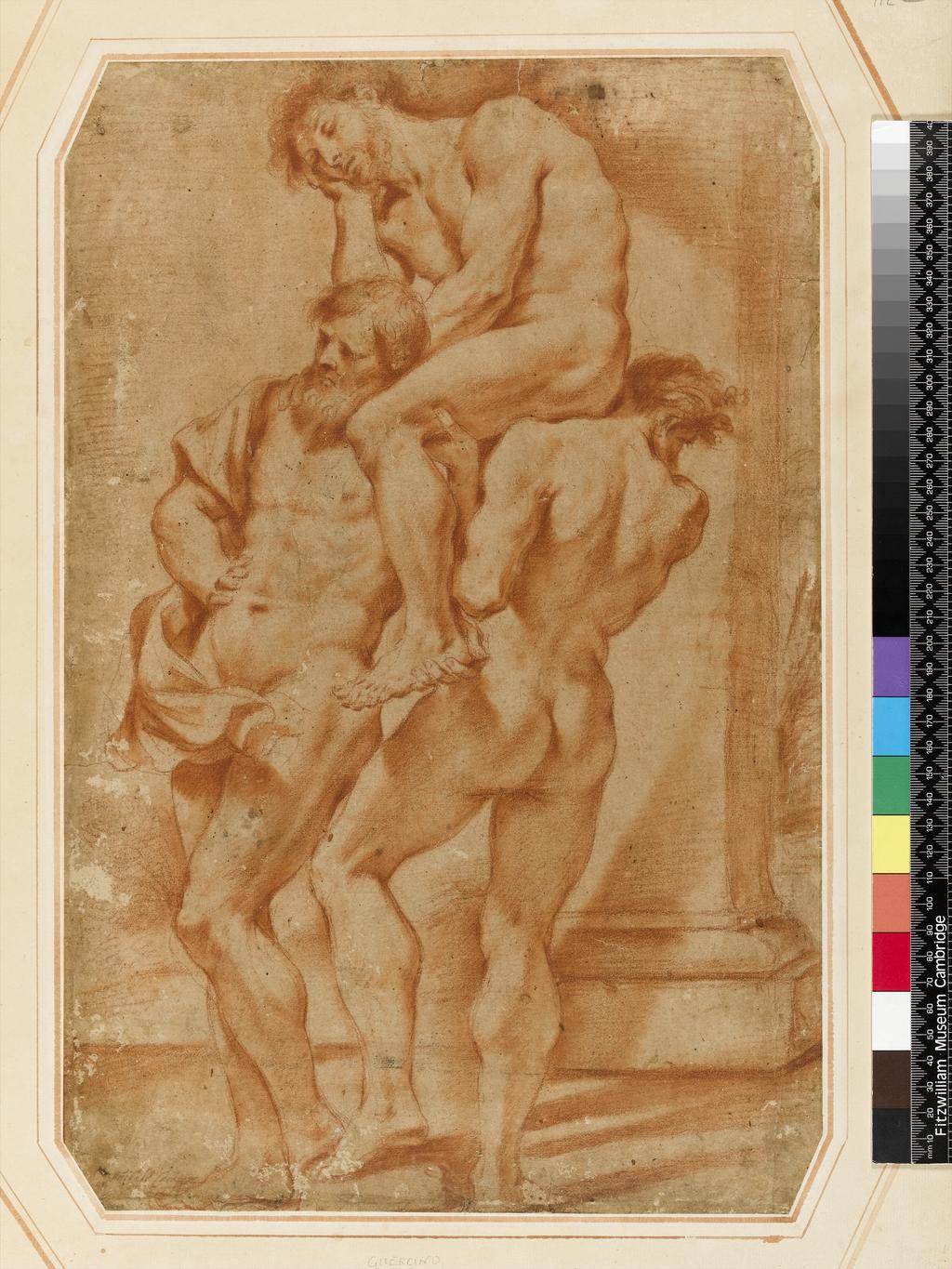 An image of BARBIERI, Giovanni Francesco, called Il Guercino
Cento 1591-1666 Bologna
Three Male Nudes 
Red chalk, traces of black chalk [offset]; abraded with several losses
443 x 290 mm

