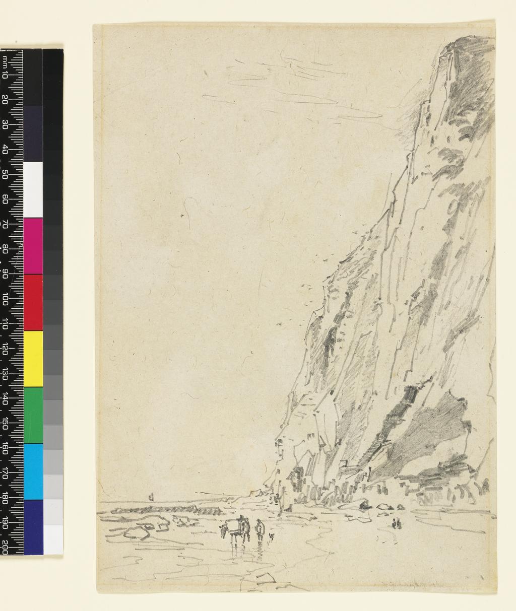 An image of Recto: The foot of the cliff. A page from a sketchbook, unsigned. Cox, David, the elder (British, 1783-1859). Graphite on paper, 19th century. Batchelor Collection.