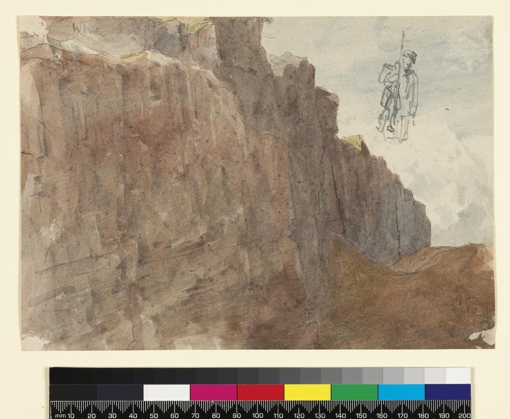 An image of Recto: The foot of the cliff. A page from a sketchbook, unsigned. Cox, David, the elder (British, 1783-1859). Graphite on paper, 19th century. Batchelor Collection.
