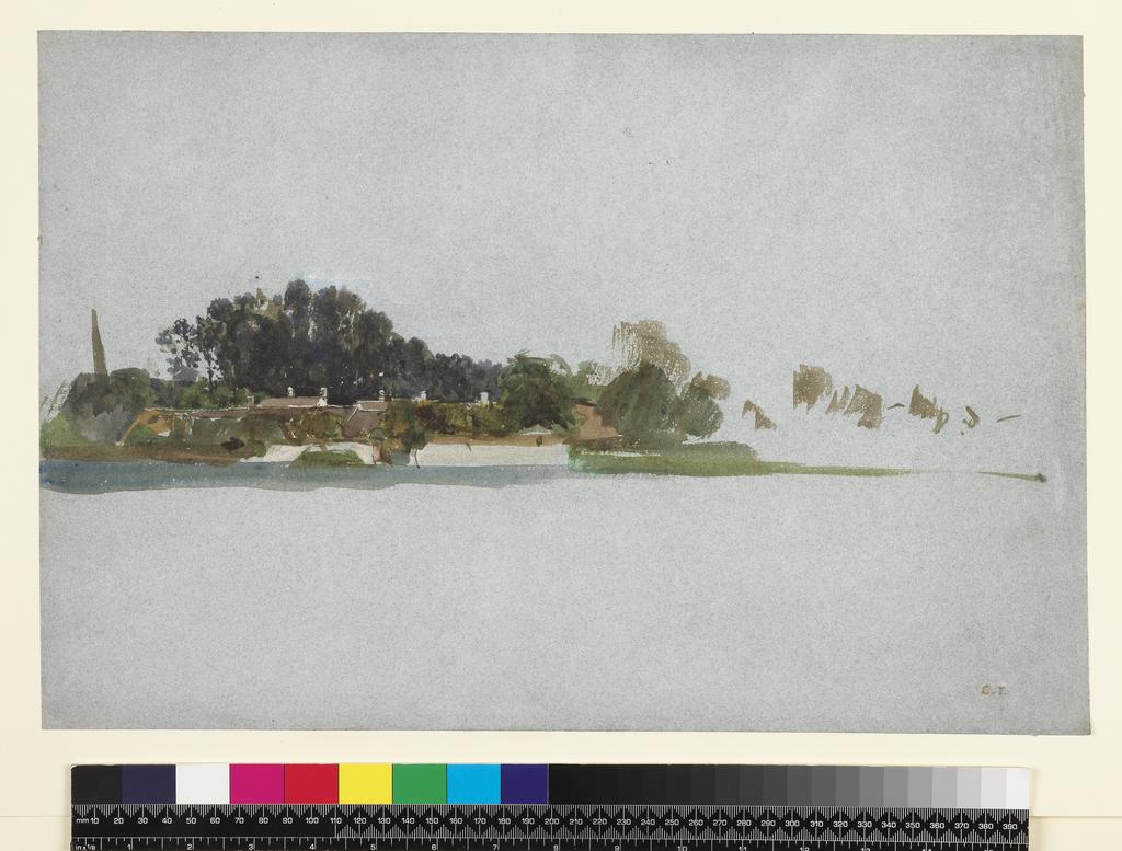 An image of A village, or farm among trees. Troyon, Constant (French, 1810-1865). Watercolour on blue paper, height 286 mm, width 430 mm.